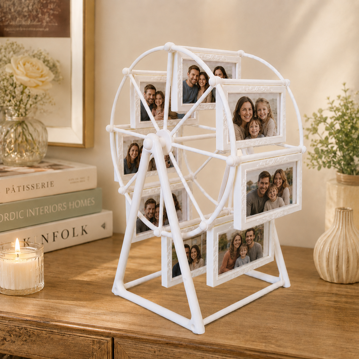Ferris Wheel Photo Frame, Turn Fleeting Moments Into Lasting Memories, 8-Opening Romantic Tabletop Picture Display Stand for Weddings, Anniversaries, Bedroom Decor & Gifts