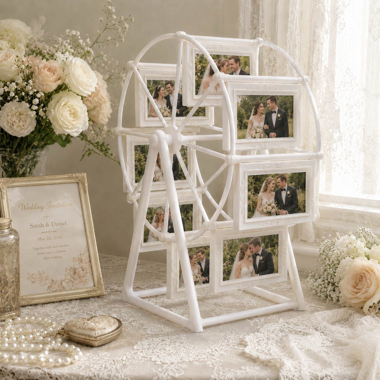 Ferris Wheel Photo Frame, Turn Fleeting Moments Into Lasting Memories, 8-Opening Romantic Tabletop Picture Display Stand for Weddings, Anniversaries, Bedroom Decor & Gifts