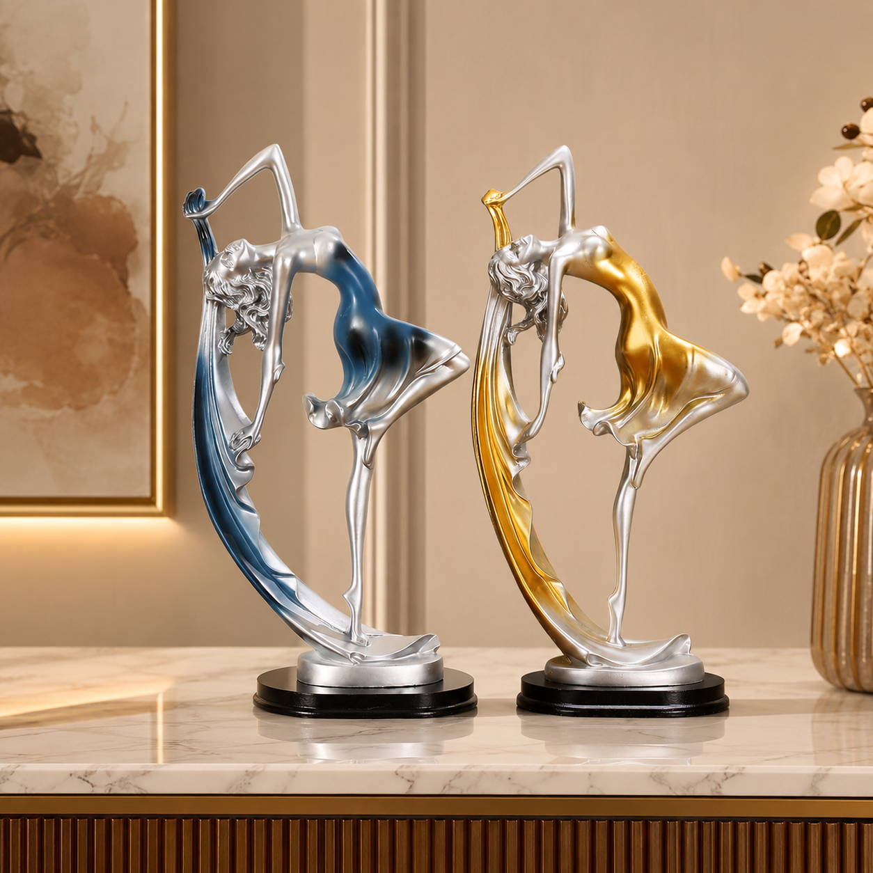 Elegant Dancer Sculpture Figurine, Silver Metallic Ballet Dancer Statue with Blue or Gold Accent, Artistic Tabletop Decor for Living Room Bedroom Office Shelf, Graceful Gift for Women Dancers Art Lovers