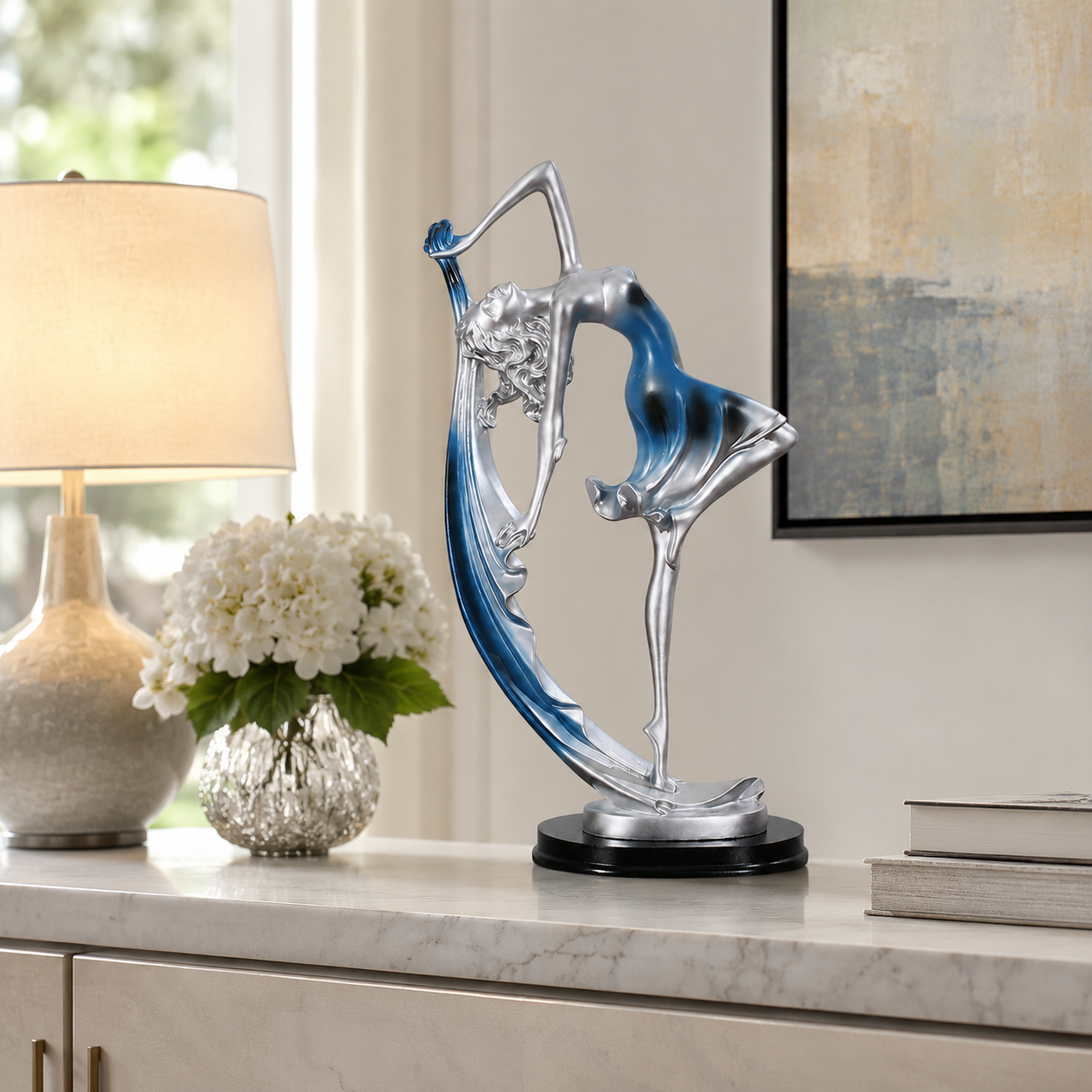 Elegant Dancer Sculpture Figurine, Silver Metallic Ballet Dancer Statue with Blue or Gold Accent, Artistic Tabletop Decor for Living Room Bedroom Office Shelf, Graceful Gift for Women Dancers Art Lovers