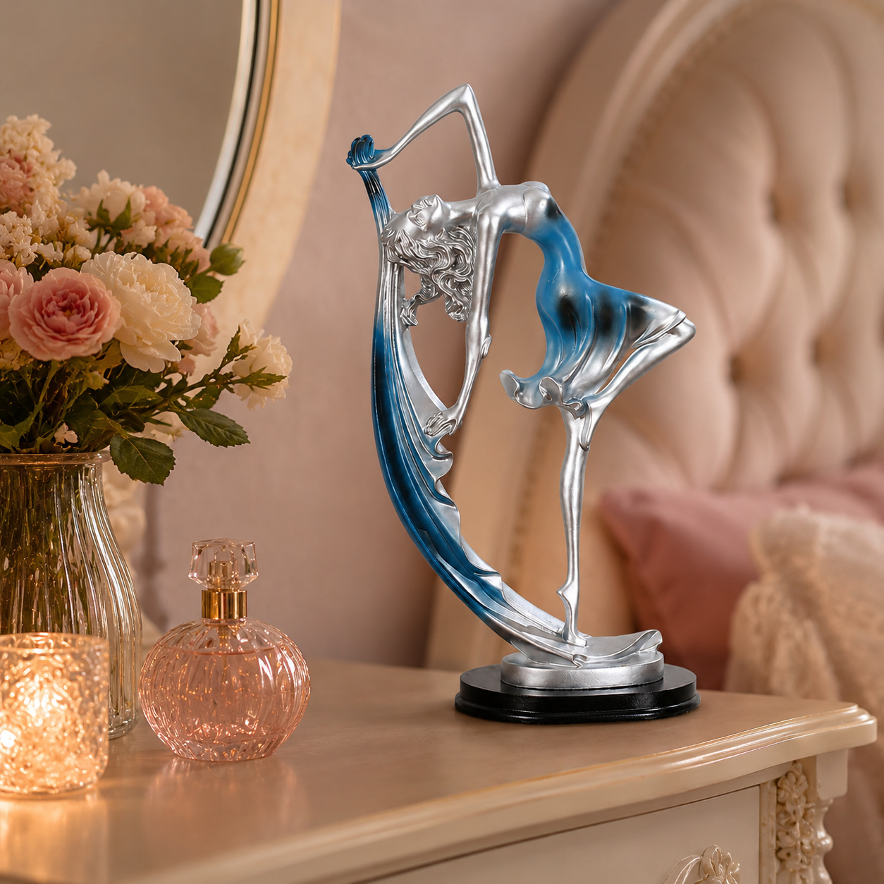 Elegant Dancer Sculpture Figurine, Silver Metallic Ballet Dancer Statue with Blue or Gold Accent, Artistic Tabletop Decor for Living Room Bedroom Office Shelf, Graceful Gift for Women Dancers Art Lovers