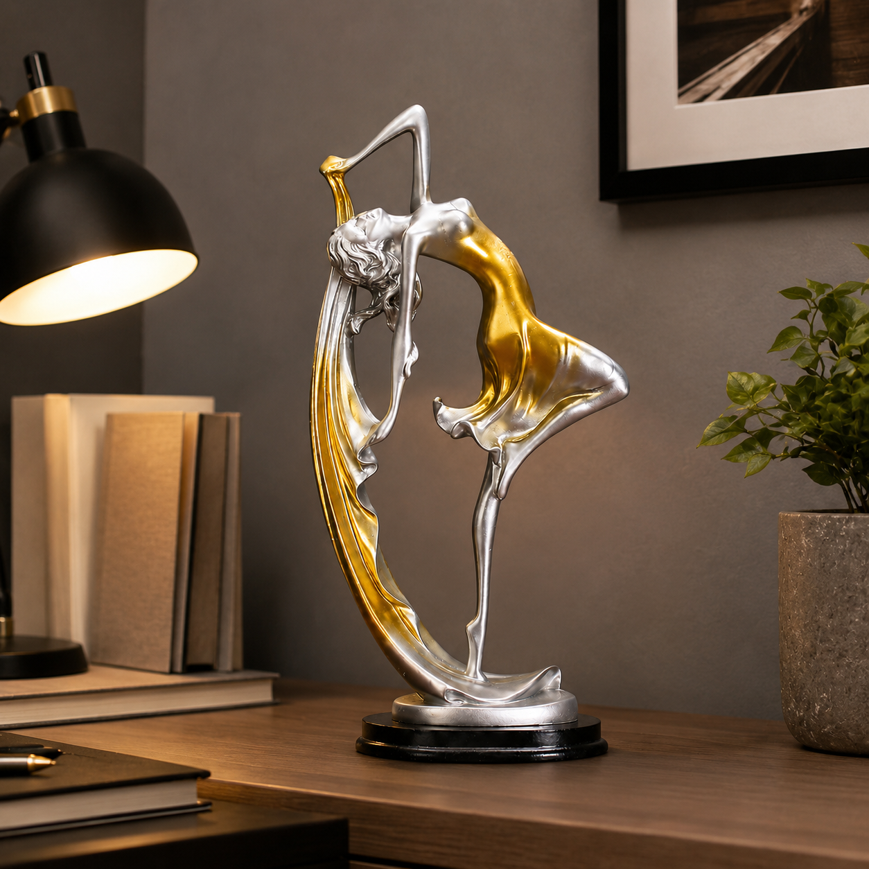 Elegant Dancer Sculpture Figurine, Silver Metallic Ballet Dancer Statue with Blue or Gold Accent, Artistic Tabletop Decor for Living Room Bedroom Office Shelf, Graceful Gift for Women Dancers Art Lovers