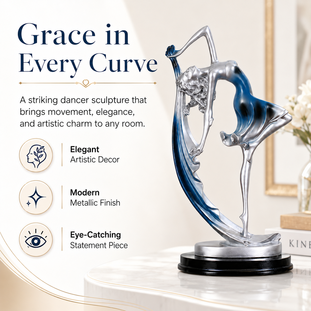 Elegant Dancer Sculpture Figurine, Silver Metallic Ballet Dancer Statue with Blue or Gold Accent, Artistic Tabletop Decor for Living Room Bedroom Office Shelf, Graceful Gift for Women Dancers Art Lovers