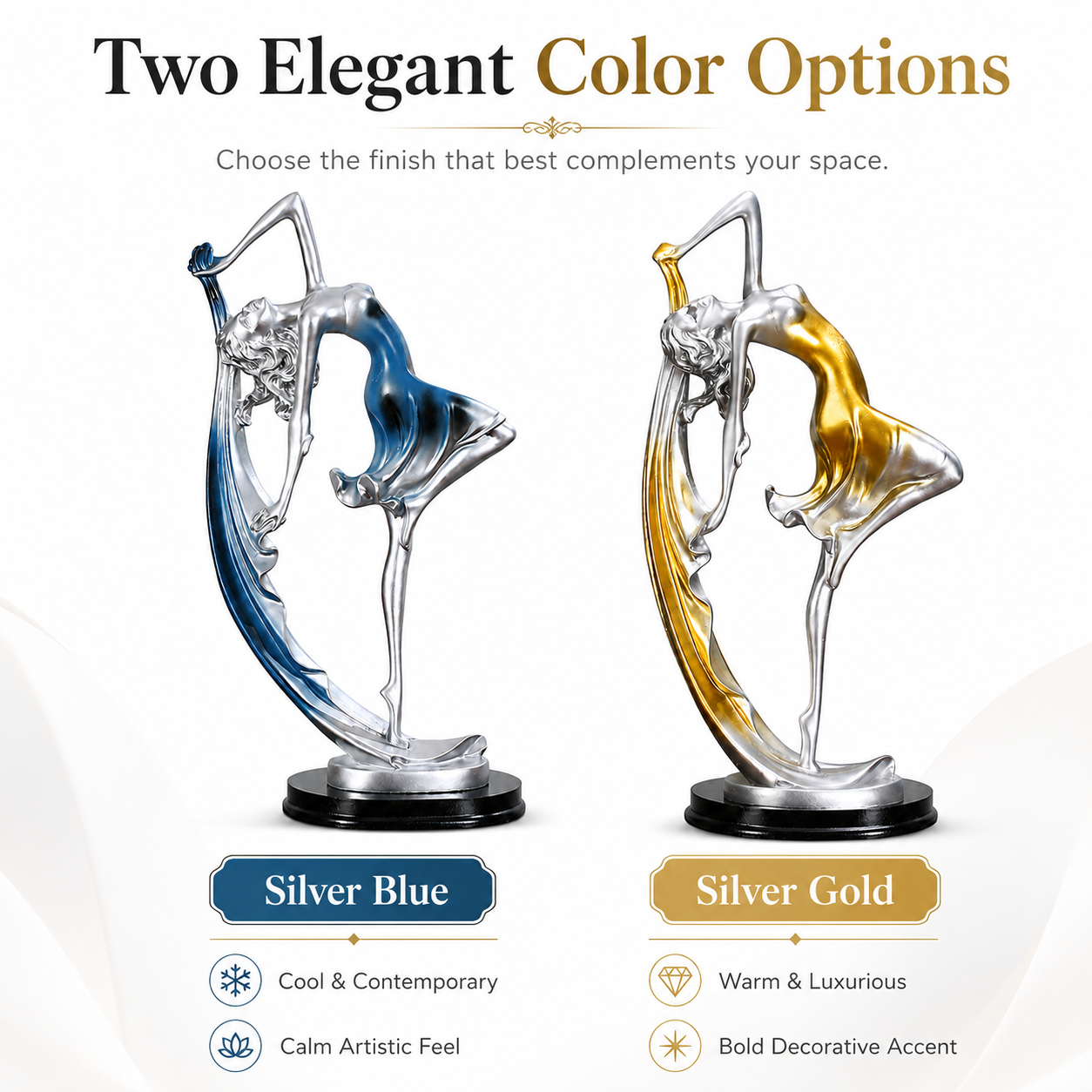 Elegant Dancer Sculpture Figurine, Silver Metallic Ballet Dancer Statue with Blue or Gold Accent, Artistic Tabletop Decor for Living Room Bedroom Office Shelf, Graceful Gift for Women Dancers Art Lovers