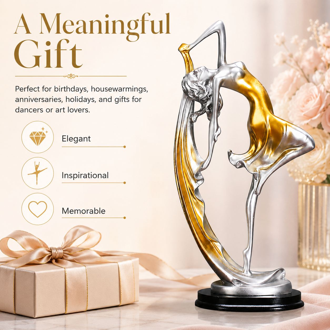 Elegant Dancer Sculpture Figurine, Silver Metallic Ballet Dancer Statue with Blue or Gold Accent, Artistic Tabletop Decor for Living Room Bedroom Office Shelf, Graceful Gift for Women Dancers Art Lovers