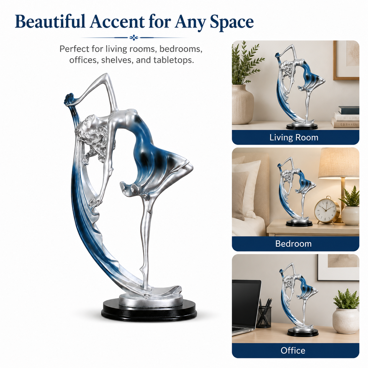 Elegant Dancer Sculpture Figurine, Silver Metallic Ballet Dancer Statue with Blue or Gold Accent, Artistic Tabletop Decor for Living Room Bedroom Office Shelf, Graceful Gift for Women Dancers Art Lovers