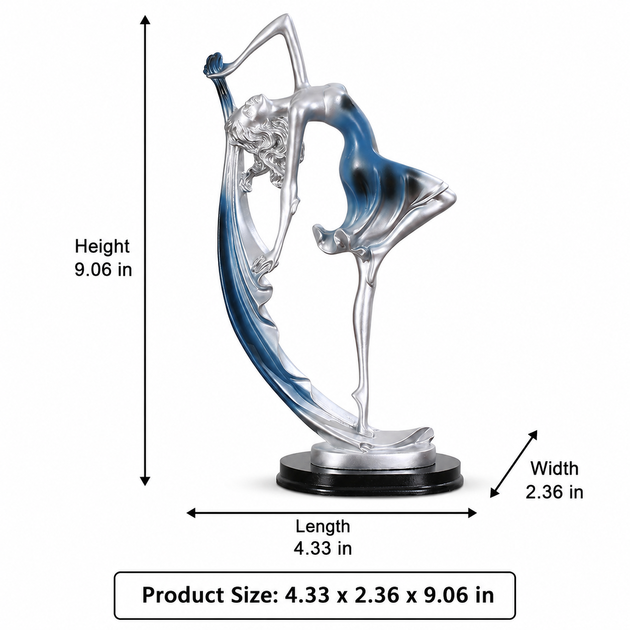 Elegant Dancer Sculpture Figurine, Silver Metallic Ballet Dancer Statue with Blue or Gold Accent, Artistic Tabletop Decor for Living Room Bedroom Office Shelf, Graceful Gift for Women Dancers Art Lovers