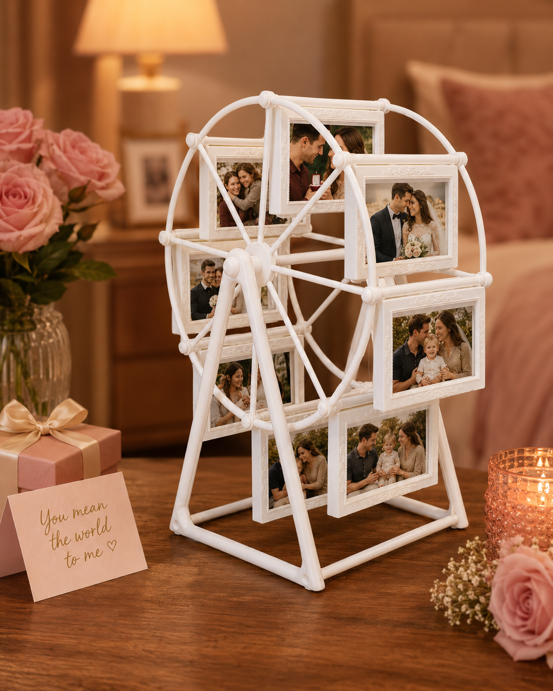 Ferris Wheel Photo Frame, Turn Fleeting Moments Into Lasting Memories, 8-Opening Romantic Tabletop Picture Display Stand for Weddings, Anniversaries, Bedroom Decor & Gifts