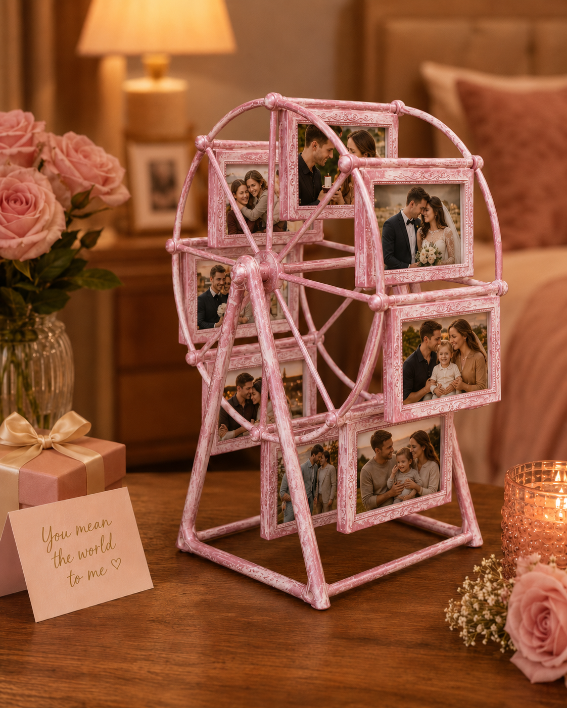 Ferris Wheel Photo Frame, Turn Fleeting Moments Into Lasting Memories, 8-Opening Romantic Tabletop Picture Display Stand for Weddings, Anniversaries, Bedroom Decor & Gifts
