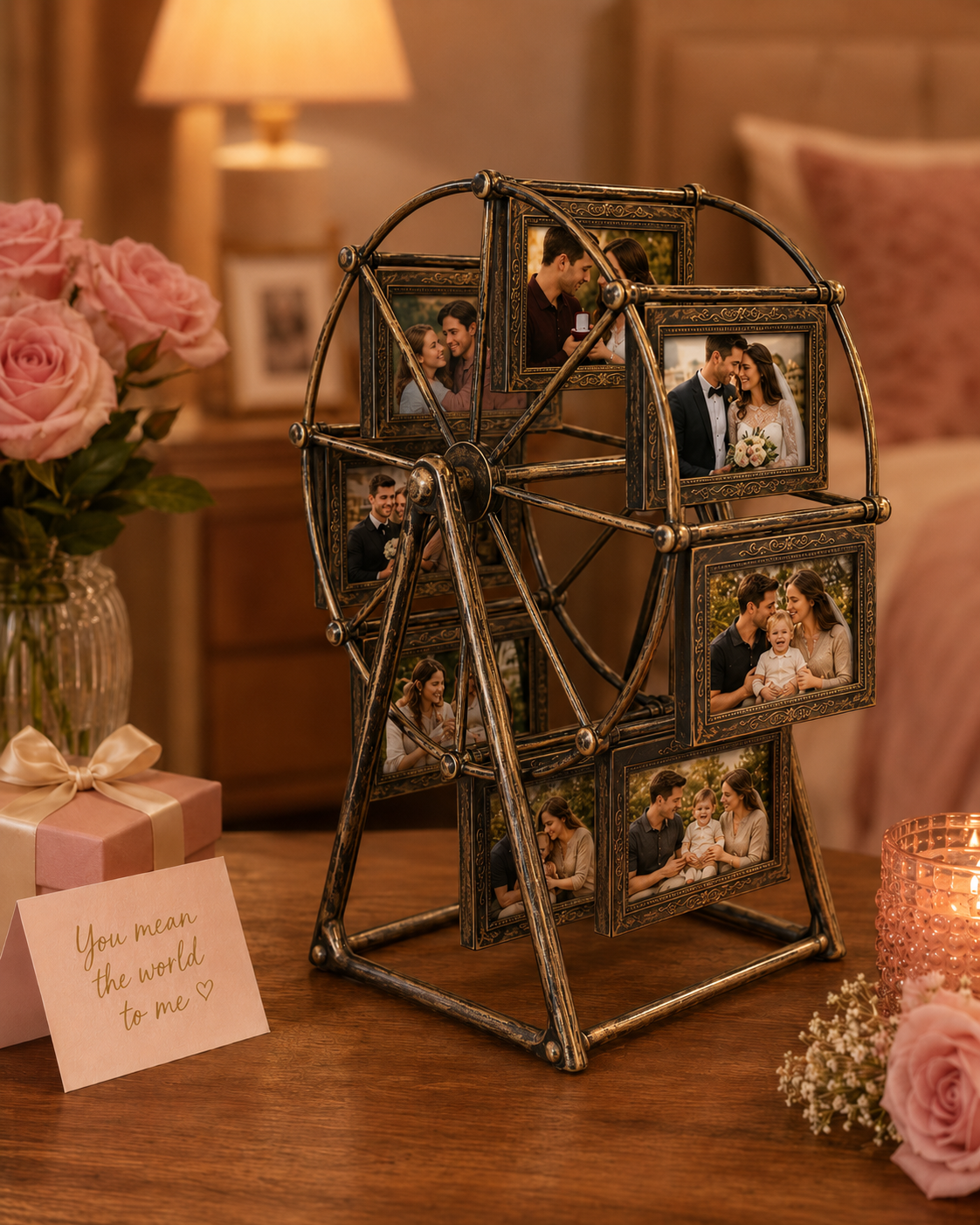 Ferris Wheel Photo Frame, Turn Fleeting Moments Into Lasting Memories, 8-Opening Romantic Tabletop Picture Display Stand for Weddings, Anniversaries, Bedroom Decor & Gifts