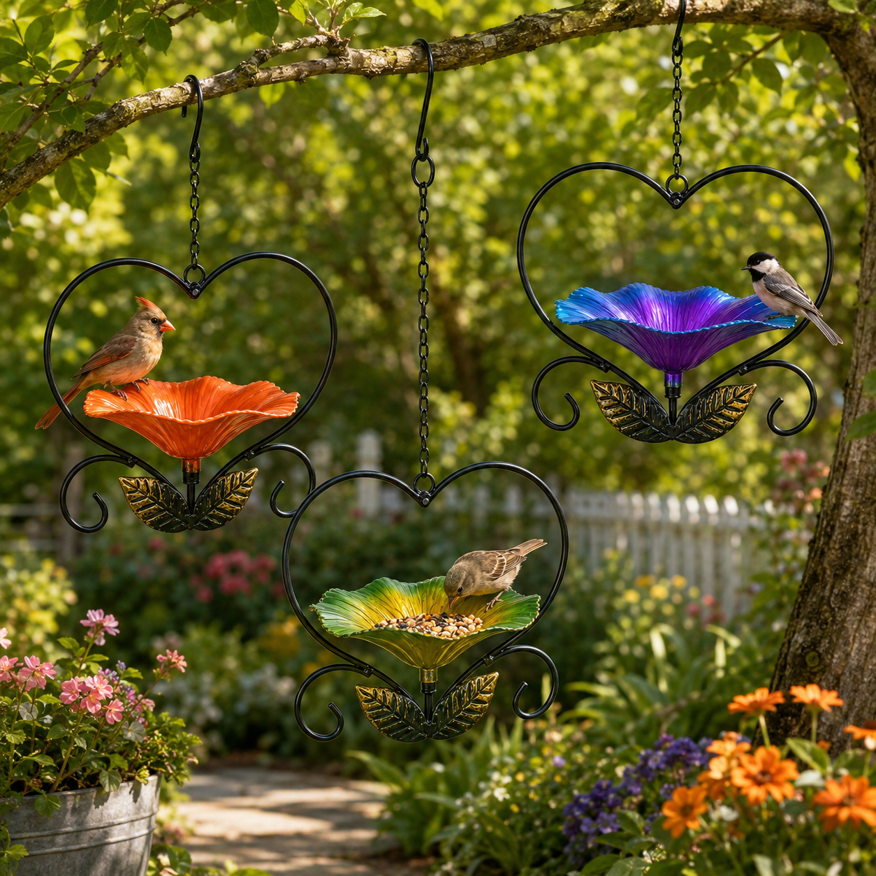 Heart-Shaped Hanging Bird Feeder, Metal Flower Bird Feeder with Chain Hook, Decorative Outdoor Bird Seed Tray for Garden Patio Yard Balcony, Gift for Bird Lovers