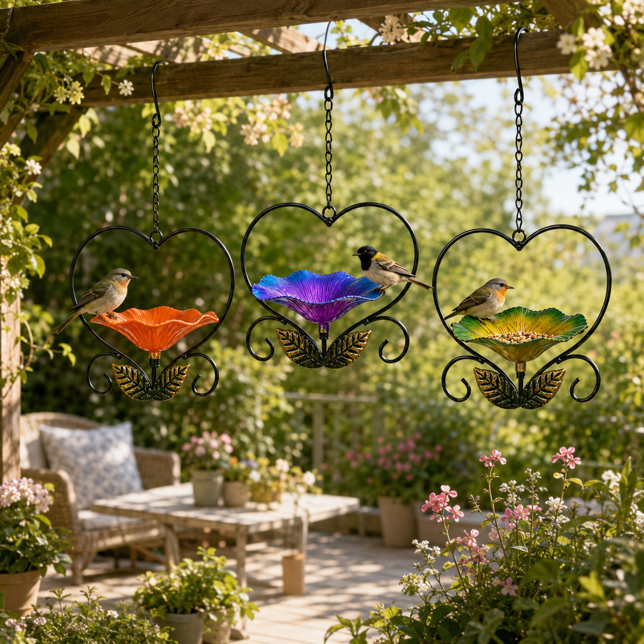 Heart-Shaped Hanging Bird Feeder, Metal Flower Bird Feeder with Chain Hook, Decorative Outdoor Bird Seed Tray for Garden Patio Yard Balcony, Gift for Bird Lovers