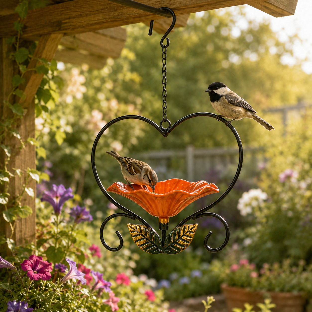 Heart-Shaped Hanging Bird Feeder, Metal Flower Bird Feeder with Chain Hook, Decorative Outdoor Bird Seed Tray for Garden Patio Yard Balcony, Gift for Bird Lovers