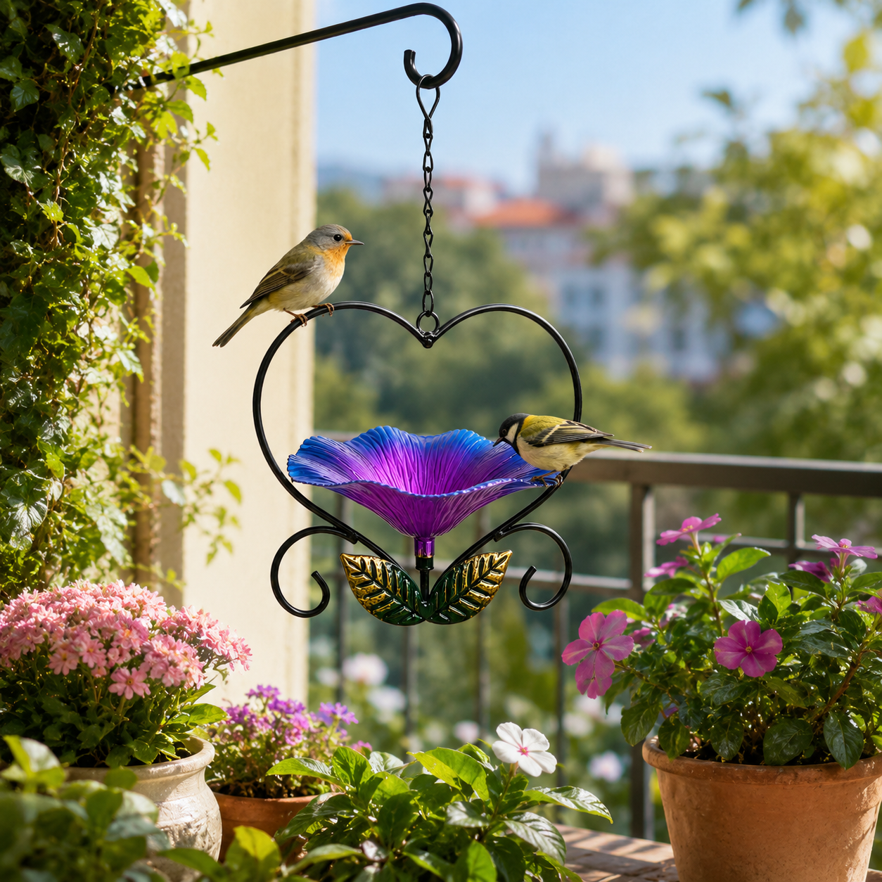 Heart-Shaped Hanging Bird Feeder, Metal Flower Bird Feeder with Chain Hook, Decorative Outdoor Bird Seed Tray for Garden Patio Yard Balcony, Gift for Bird Lovers
