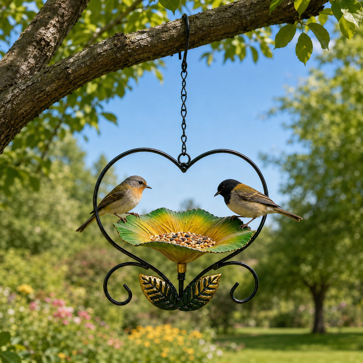 Heart-Shaped Hanging Bird Feeder, Metal Flower Bird Feeder with Chain Hook, Decorative Outdoor Bird Seed Tray for Garden Patio Yard Balcony, Gift for Bird Lovers