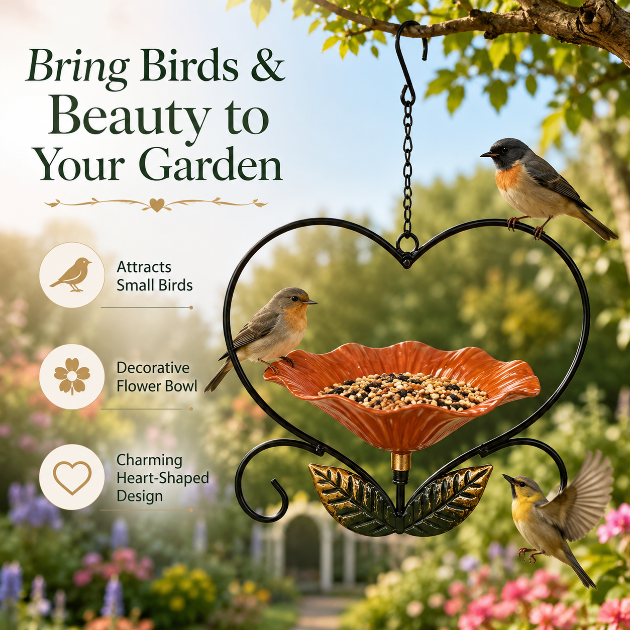 Heart-Shaped Hanging Bird Feeder, Metal Flower Bird Feeder with Chain Hook, Decorative Outdoor Bird Seed Tray for Garden Patio Yard Balcony, Gift for Bird Lovers