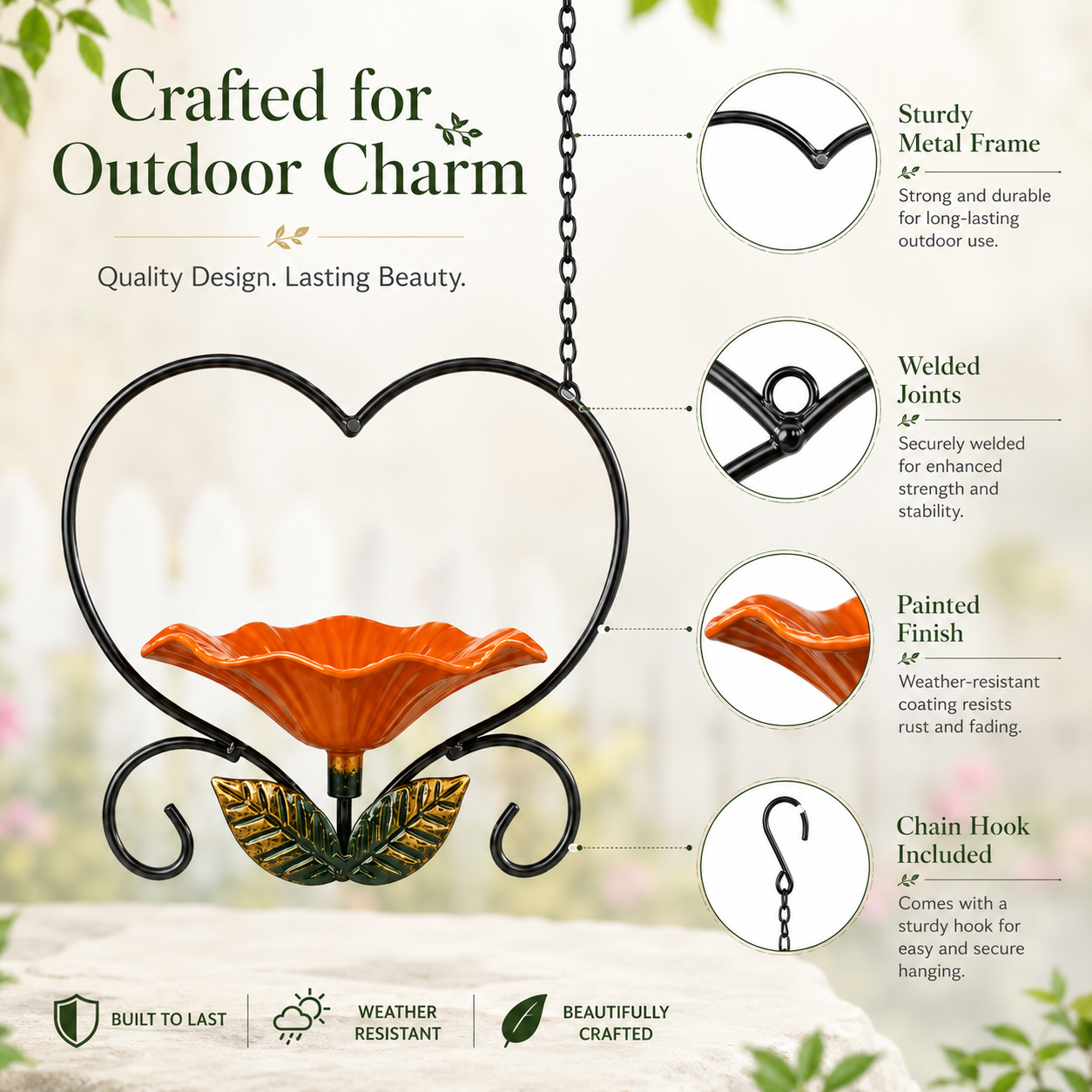 Heart-Shaped Hanging Bird Feeder, Metal Flower Bird Feeder with Chain Hook, Decorative Outdoor Bird Seed Tray for Garden Patio Yard Balcony, Gift for Bird Lovers