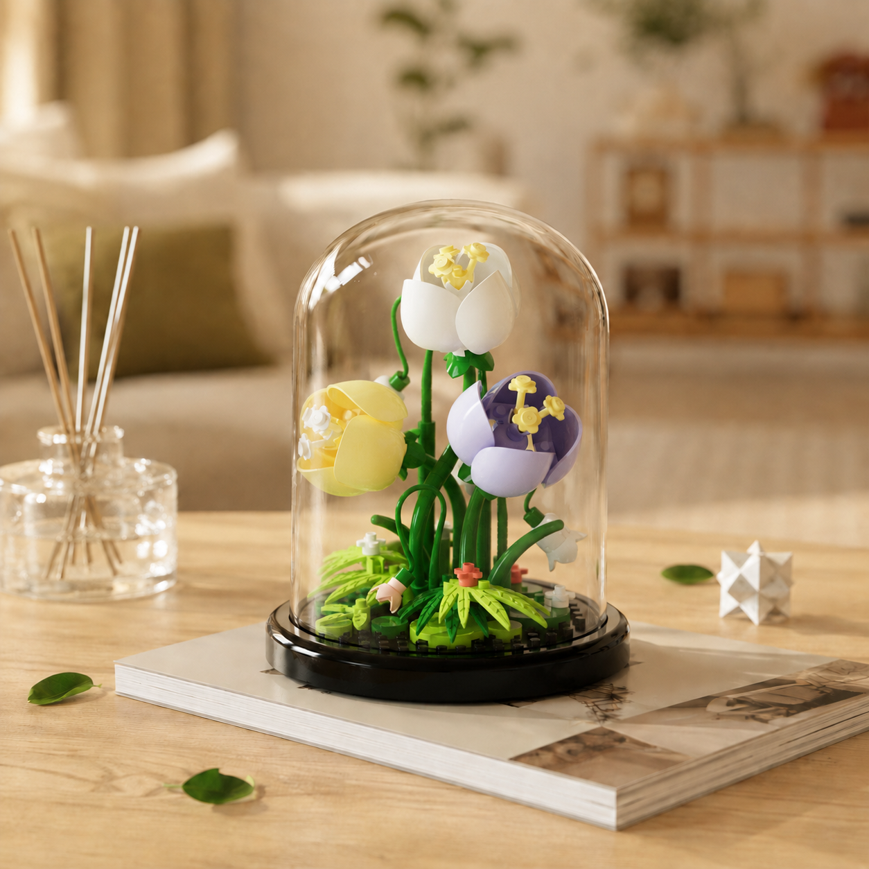 Mini Flower Building Block Display Set with Clear Dome, DIY Botanical Bouquet Model Kit, Decorative Flower Building Toy for Desk, Shelf, Bedroom, Home Decor, Gifts for Teens and Adults