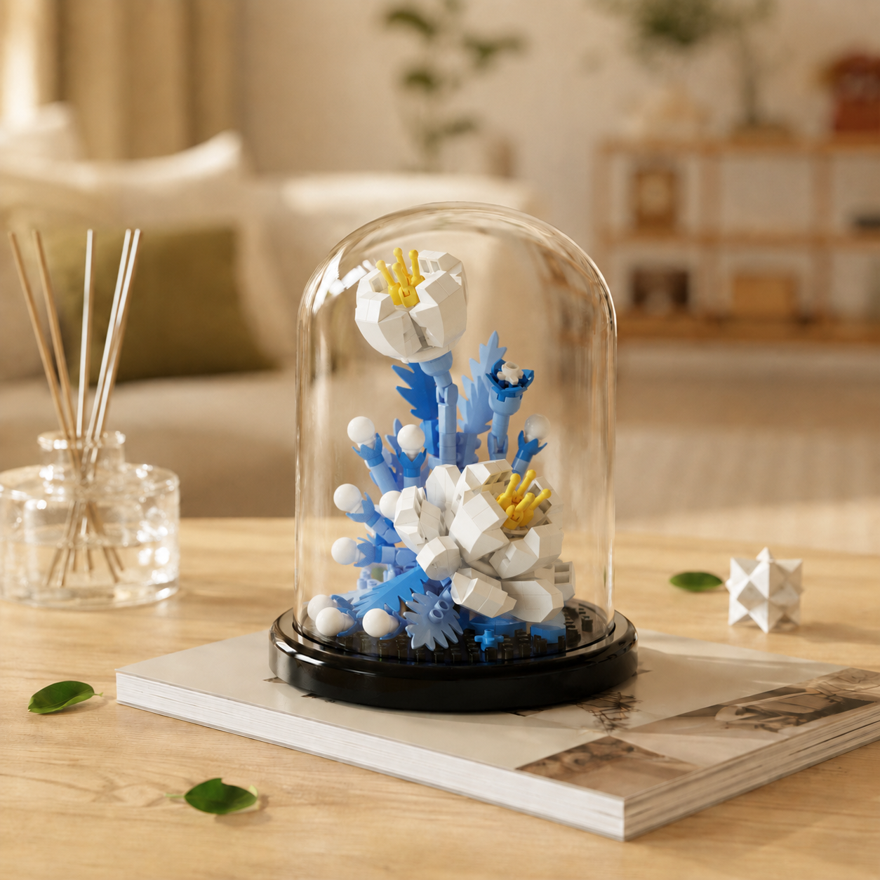 Mini Flower Building Block Display Set with Clear Dome, DIY Botanical Bouquet Model Kit, Decorative Flower Building Toy for Desk, Shelf, Bedroom, Home Decor, Gifts for Teens and Adults