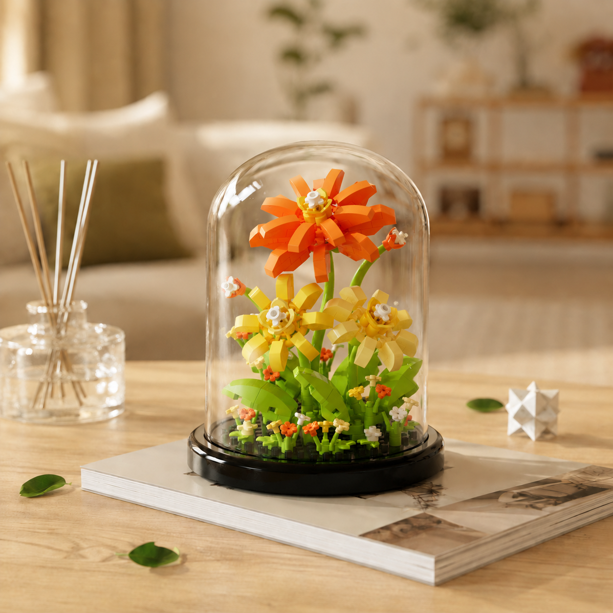 Mini Flower Building Block Display Set with Clear Dome, DIY Botanical Bouquet Model Kit, Decorative Flower Building Toy for Desk, Shelf, Bedroom, Home Decor, Gifts for Teens and Adults