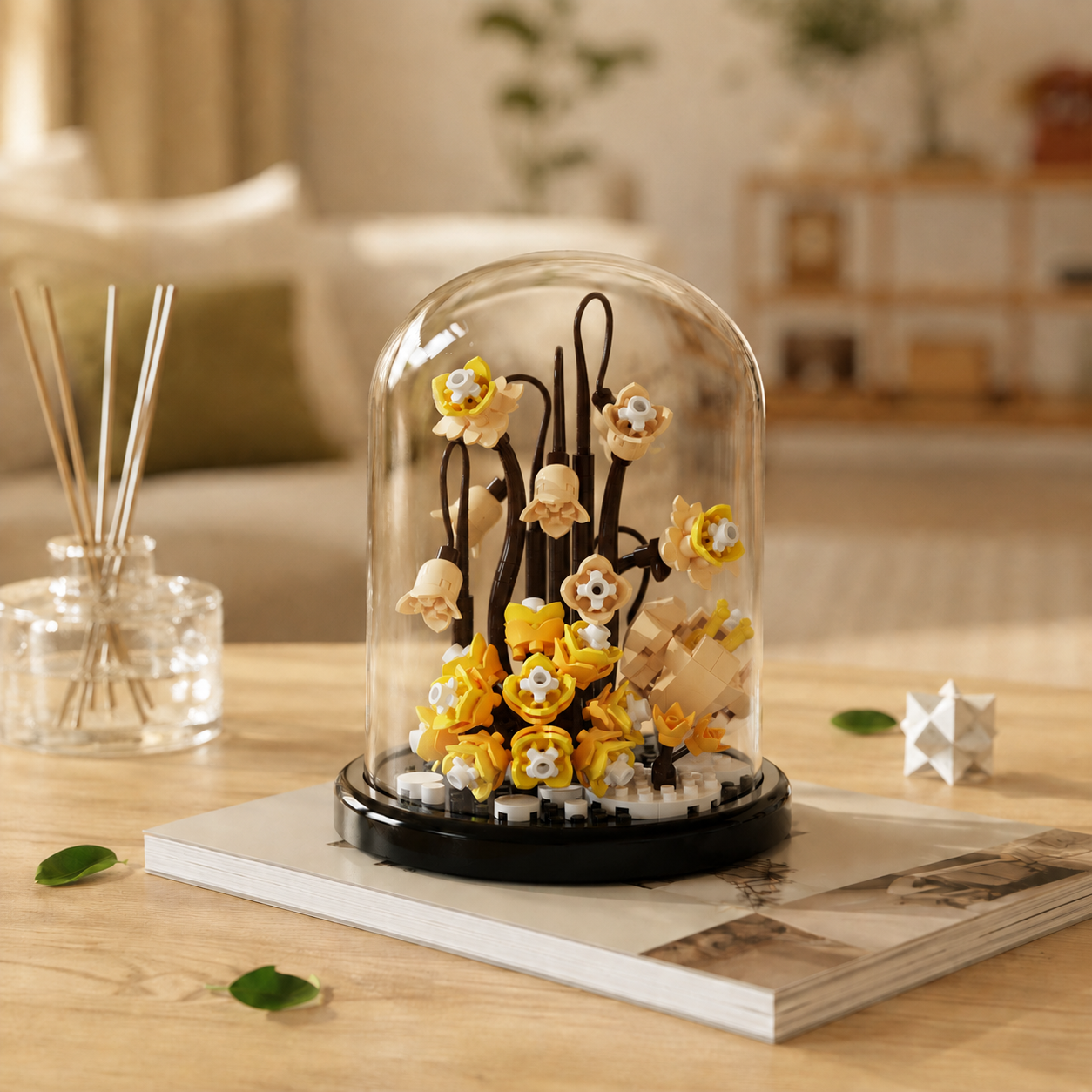 Mini Flower Building Block Display Set with Clear Dome, DIY Botanical Bouquet Model Kit, Decorative Flower Building Toy for Desk, Shelf, Bedroom, Home Decor, Gifts for Teens and Adults