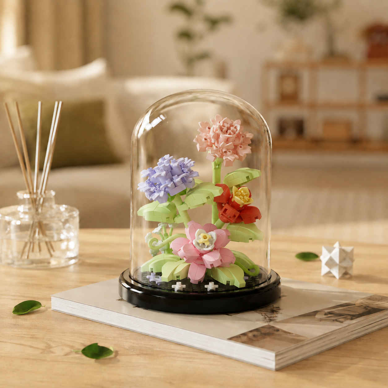 Mini Flower Building Block Display Set with Clear Dome, DIY Botanical Bouquet Model Kit, Decorative Flower Building Toy for Desk, Shelf, Bedroom, Home Decor, Gifts for Teens and Adults