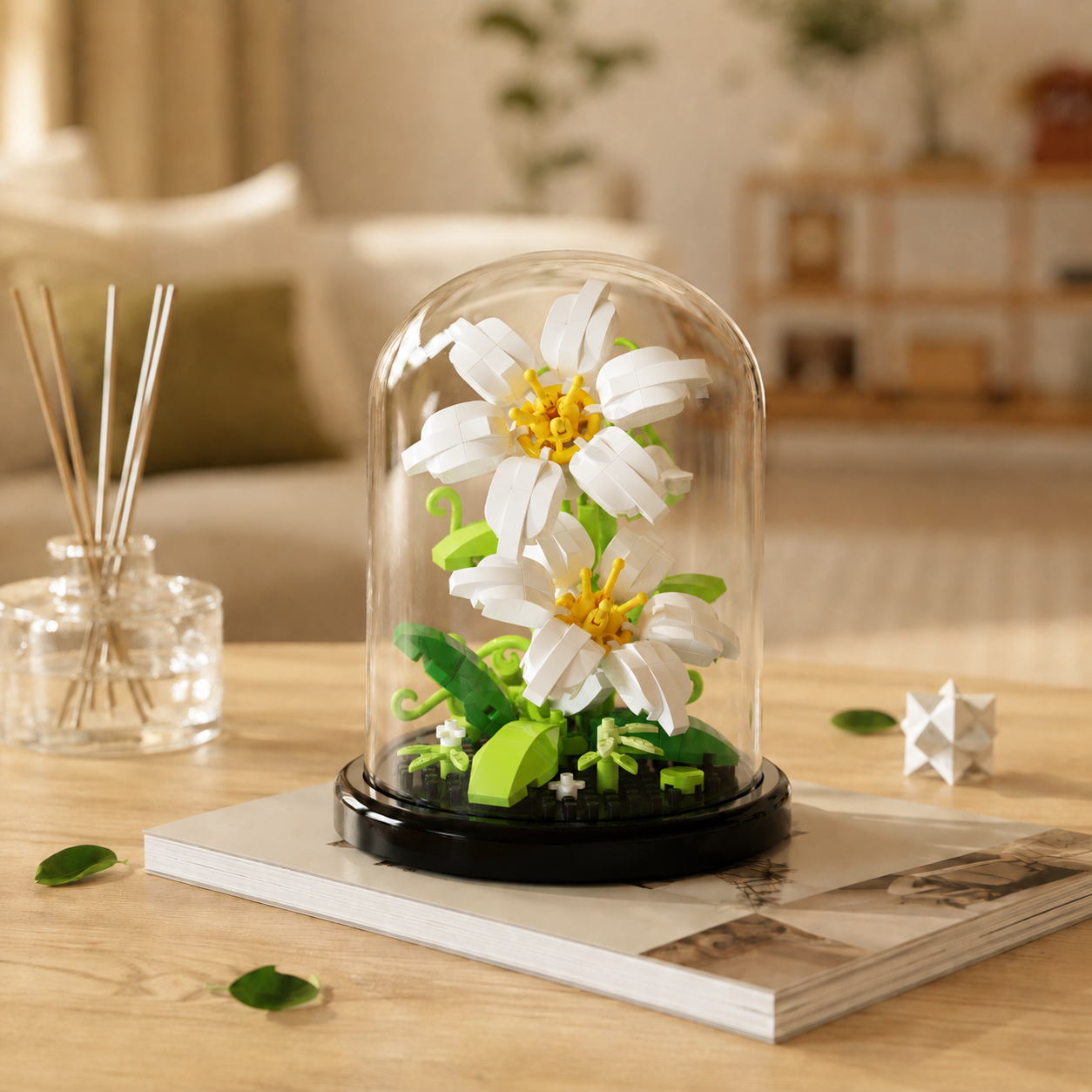 Mini Flower Building Block Display Set with Clear Dome, DIY Botanical Bouquet Model Kit, Decorative Flower Building Toy for Desk, Shelf, Bedroom, Home Decor, Gifts for Teens and Adults