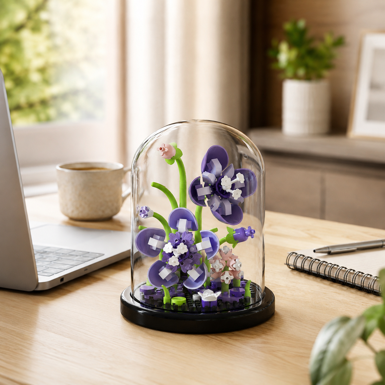 Mini Flower Building Block Display Set with Clear Dome, DIY Botanical Bouquet Model Kit, Decorative Flower Building Toy for Desk, Shelf, Bedroom, Home Decor, Gifts for Teens and Adults