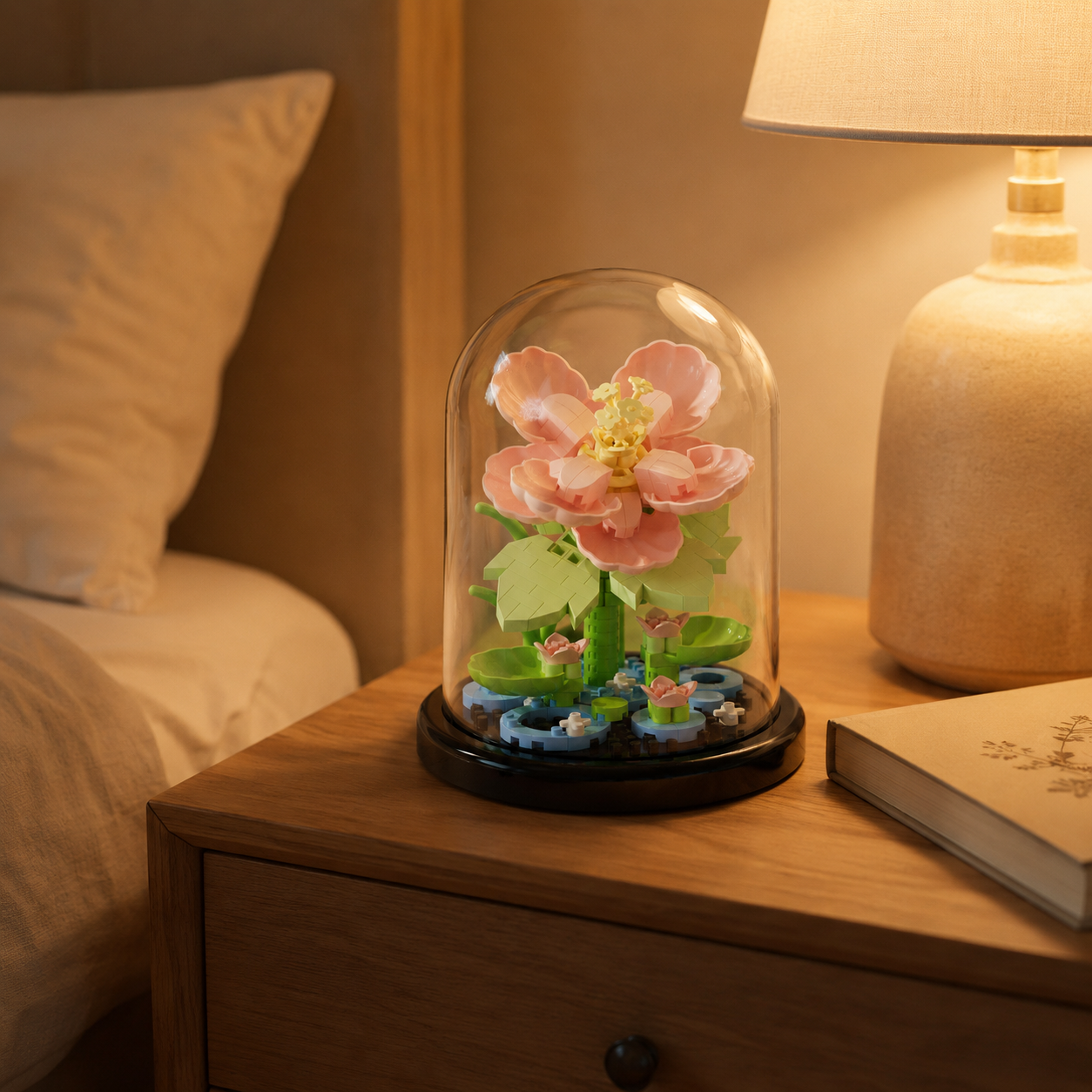 Mini Flower Building Block Display Set with Clear Dome, DIY Botanical Bouquet Model Kit, Decorative Flower Building Toy for Desk, Shelf, Bedroom, Home Decor, Gifts for Teens and Adults