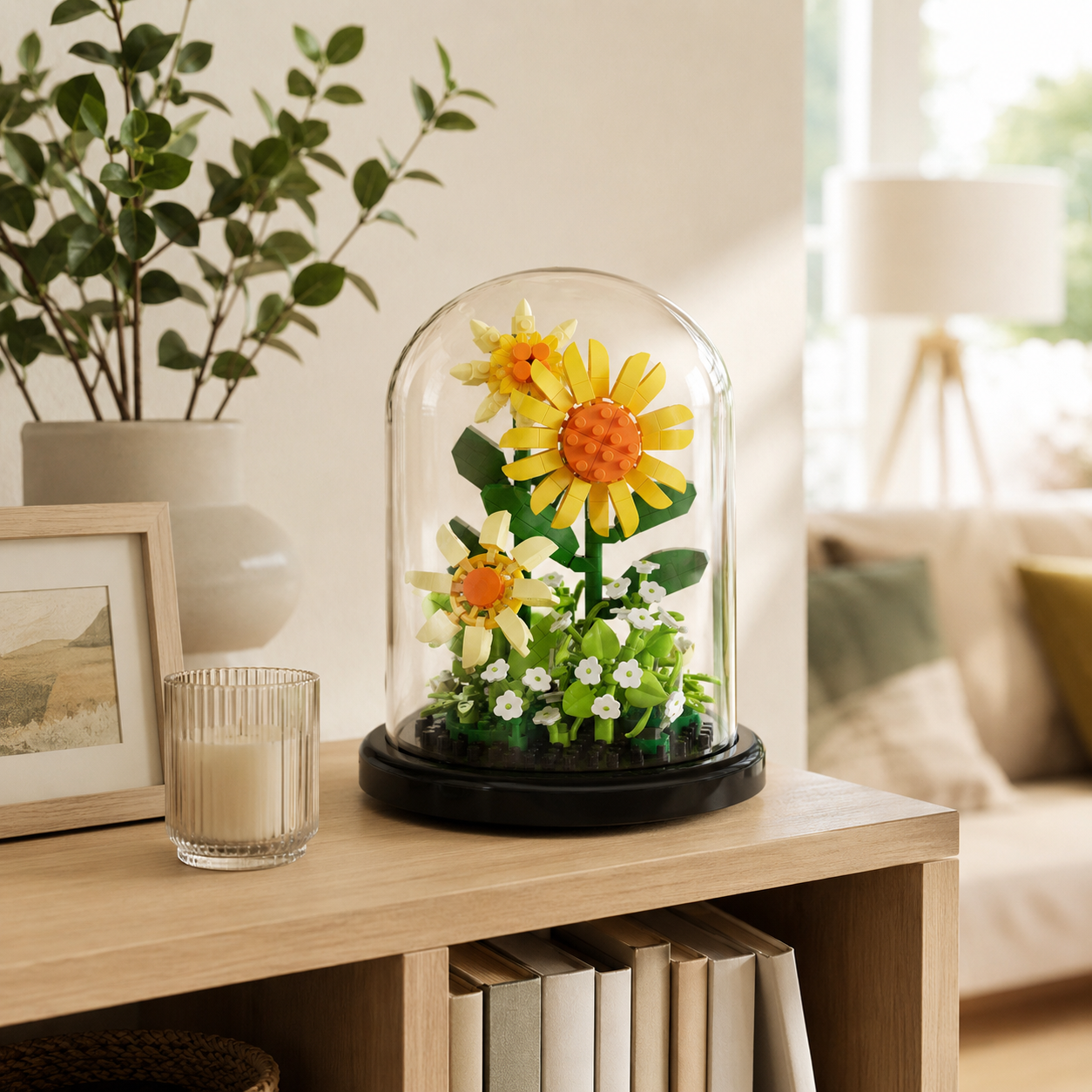 Mini Flower Building Block Display Set with Clear Dome, DIY Botanical Bouquet Model Kit, Decorative Flower Building Toy for Desk, Shelf, Bedroom, Home Decor, Gifts for Teens and Adults