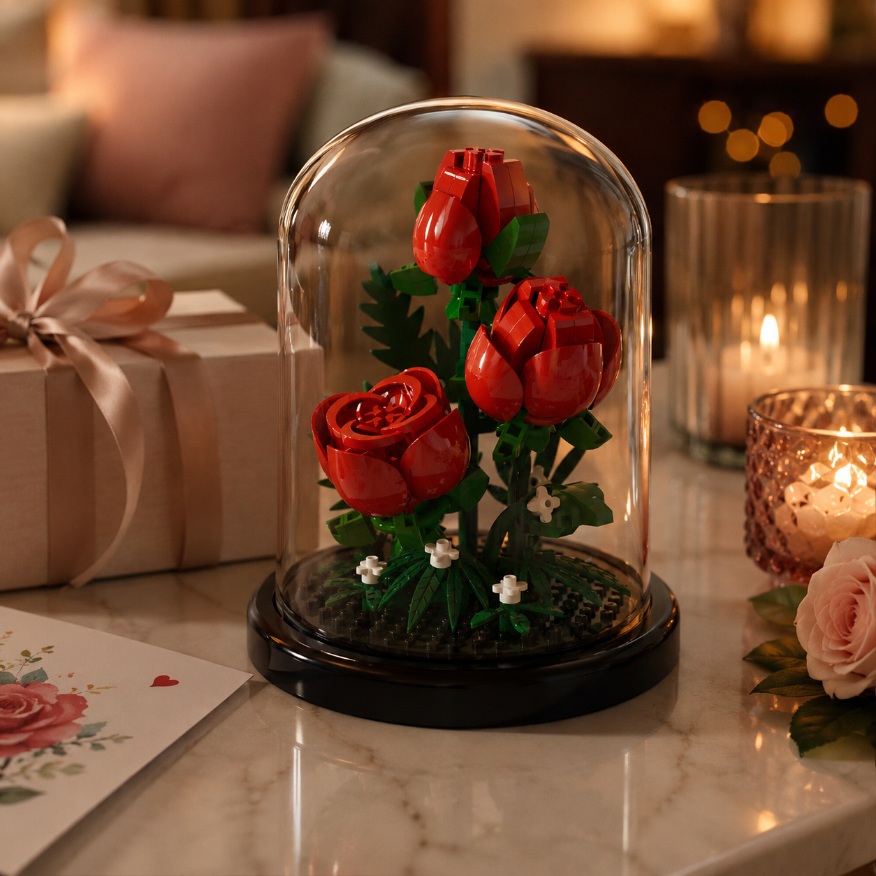 Mini Flower Building Block Display Set with Clear Dome, DIY Botanical Bouquet Model Kit, Decorative Flower Building Toy for Desk, Shelf, Bedroom, Home Decor, Gifts for Teens and Adults