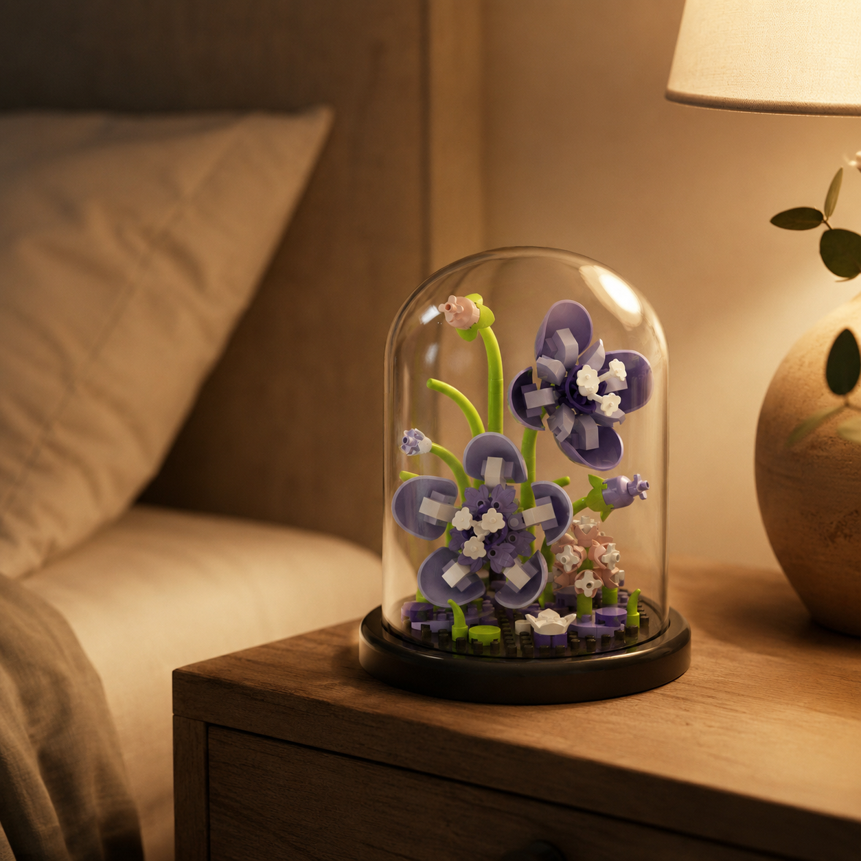 Mini Flower Building Block Display Set with Clear Dome, DIY Botanical Bouquet Model Kit, Decorative Flower Building Toy for Desk, Shelf, Bedroom, Home Decor, Gifts for Teens and Adults