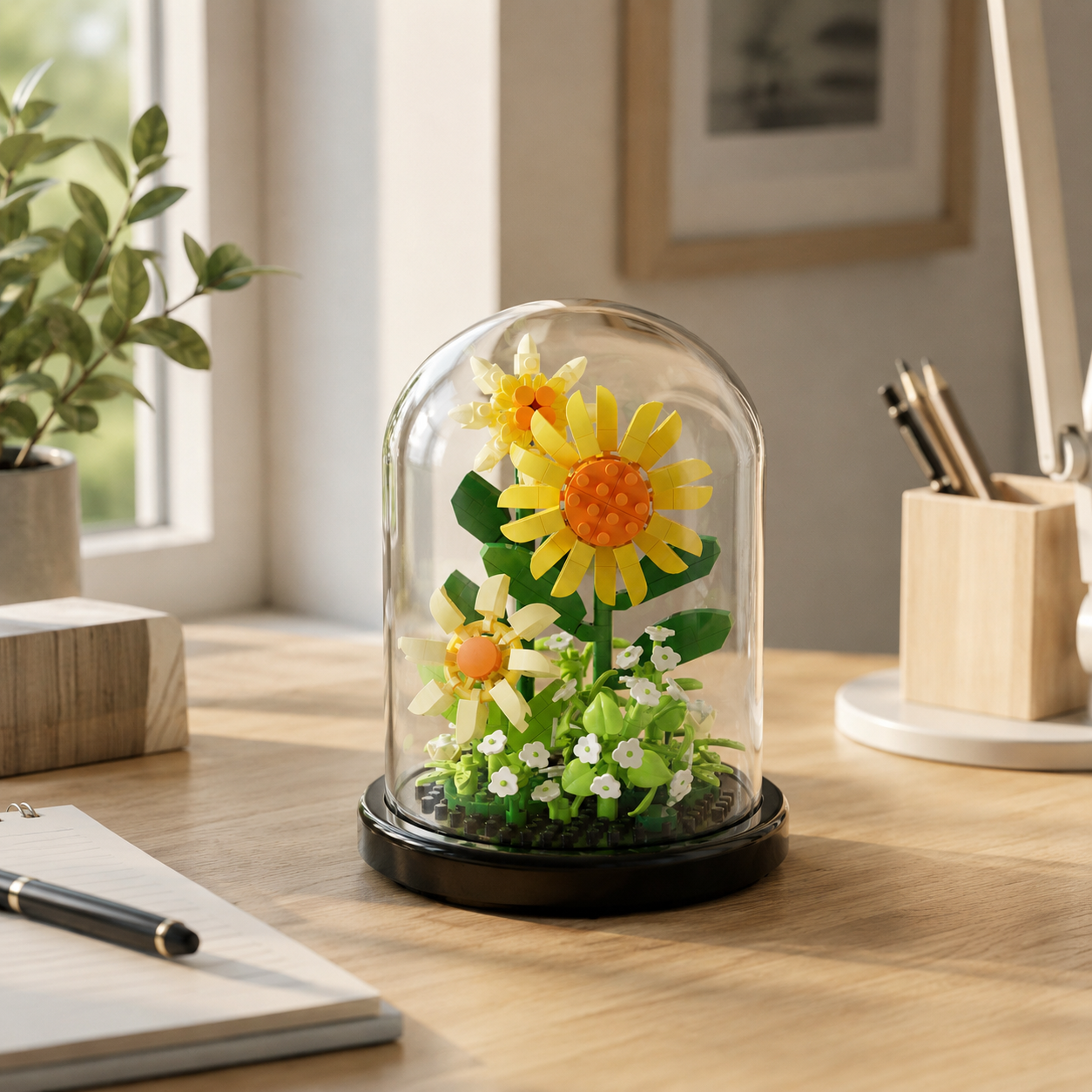 Mini Flower Building Block Display Set with Clear Dome, DIY Botanical Bouquet Model Kit, Decorative Flower Building Toy for Desk, Shelf, Bedroom, Home Decor, Gifts for Teens and Adults