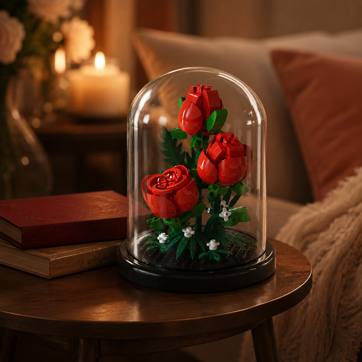 Mini Flower Building Block Display Set with Clear Dome, DIY Botanical Bouquet Model Kit, Decorative Flower Building Toy for Desk, Shelf, Bedroom, Home Decor, Gifts for Teens and Adults