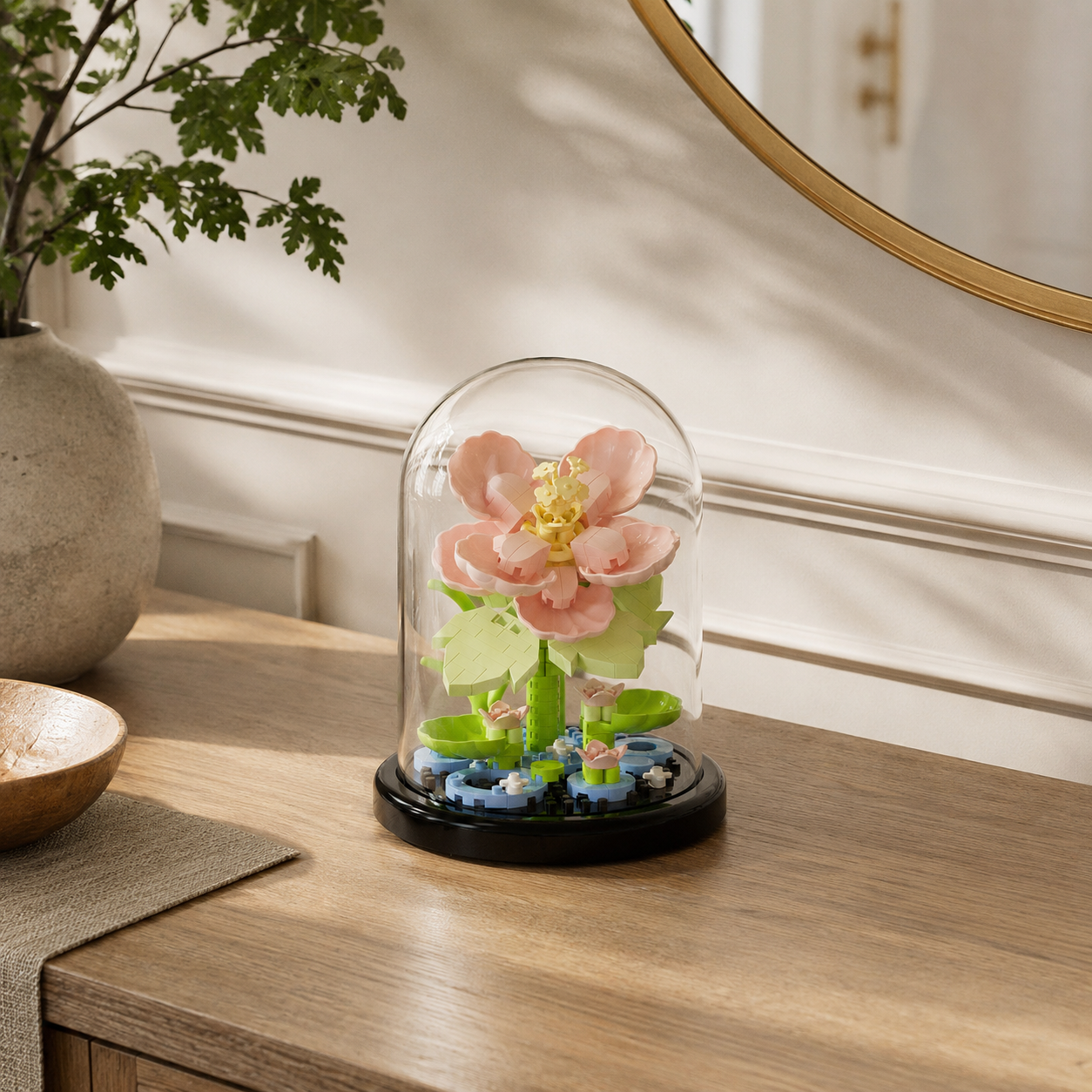 Mini Flower Building Block Display Set with Clear Dome, DIY Botanical Bouquet Model Kit, Decorative Flower Building Toy for Desk, Shelf, Bedroom, Home Decor, Gifts for Teens and Adults