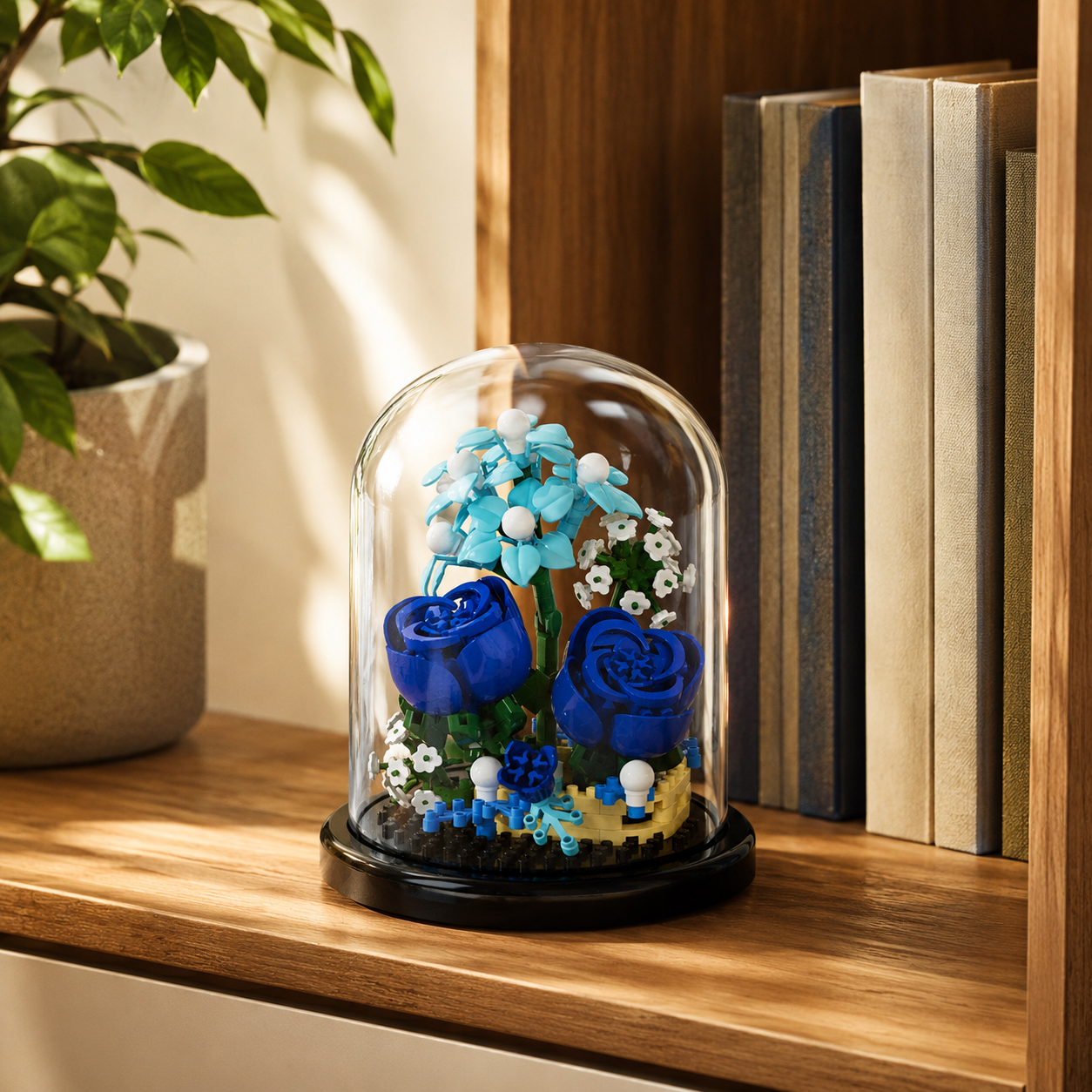 Mini Flower Building Block Display Set with Clear Dome, DIY Botanical Bouquet Model Kit, Decorative Flower Building Toy for Desk, Shelf, Bedroom, Home Decor, Gifts for Teens and Adults
