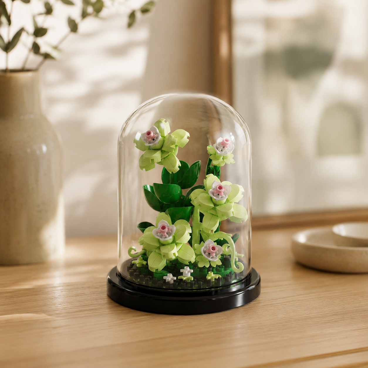 Mini Flower Building Block Display Set with Clear Dome, DIY Botanical Bouquet Model Kit, Decorative Flower Building Toy for Desk, Shelf, Bedroom, Home Decor, Gifts for Teens and Adults