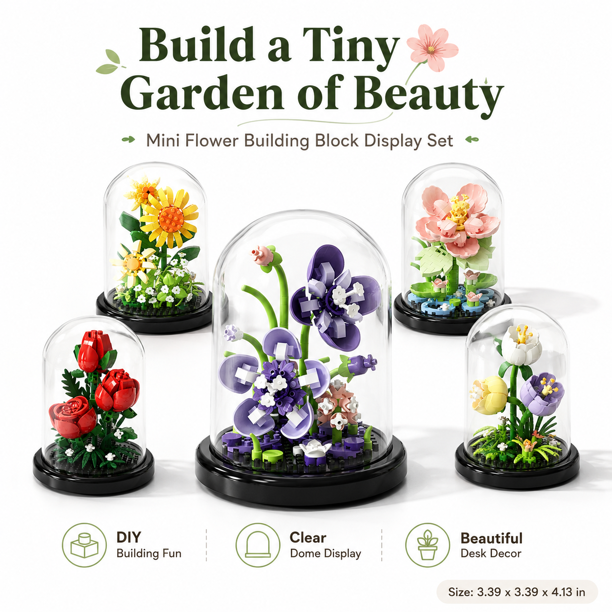 Mini Flower Building Block Display Set with Clear Dome, DIY Botanical Bouquet Model Kit, Decorative Flower Building Toy for Desk, Shelf, Bedroom, Home Decor, Gifts for Teens and Adults