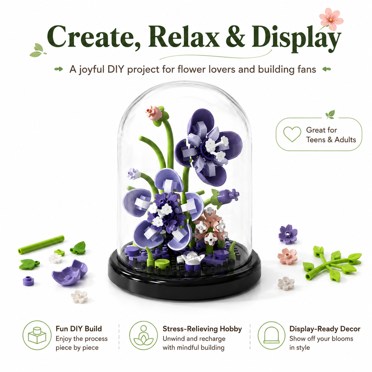 Mini Flower Building Block Display Set with Clear Dome, DIY Botanical Bouquet Model Kit, Decorative Flower Building Toy for Desk, Shelf, Bedroom, Home Decor, Gifts for Teens and Adults