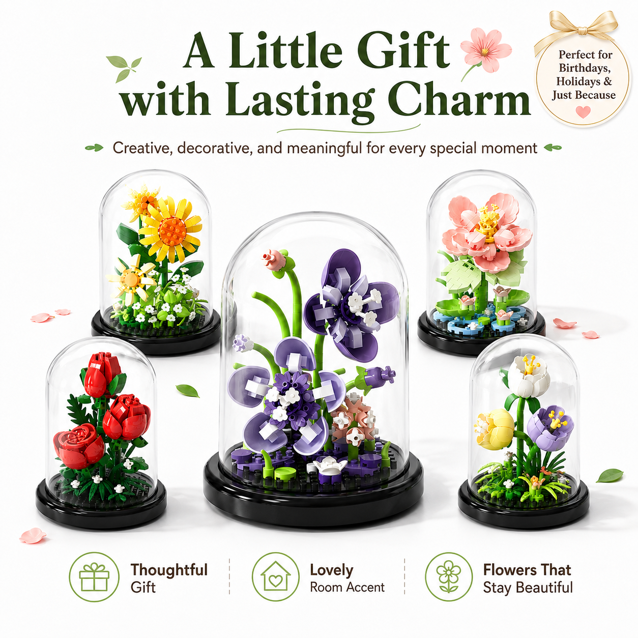 Mini Flower Building Block Display Set with Clear Dome, DIY Botanical Bouquet Model Kit, Decorative Flower Building Toy for Desk, Shelf, Bedroom, Home Decor, Gifts for Teens and Adults
