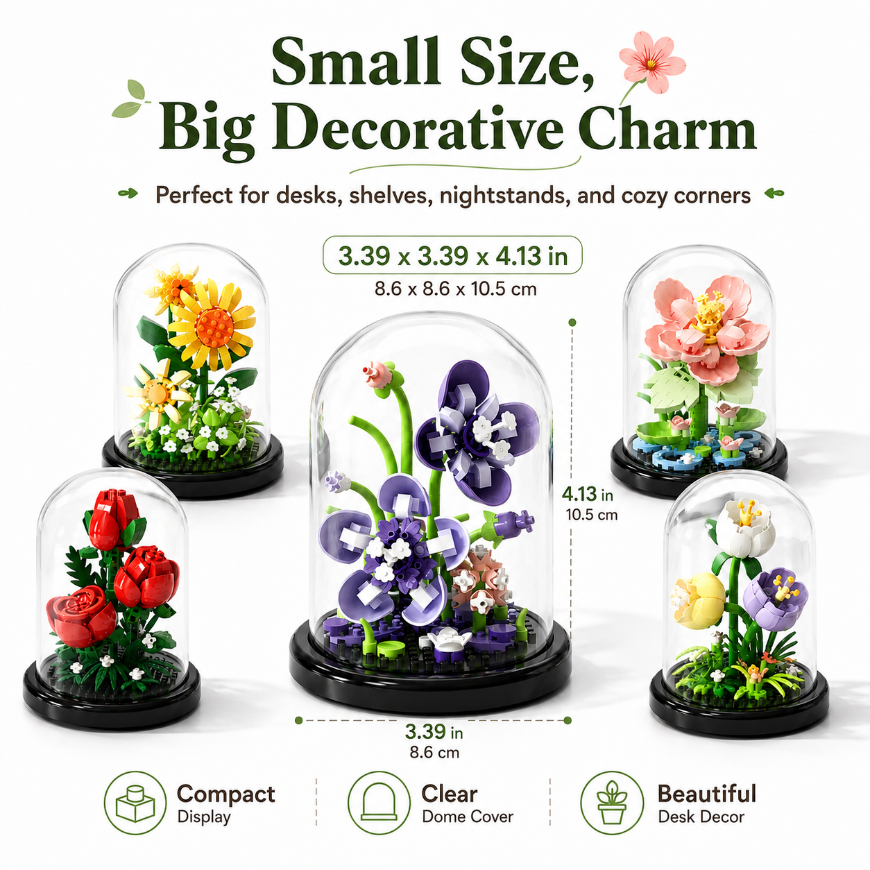 Mini Flower Building Block Display Set with Clear Dome, DIY Botanical Bouquet Model Kit, Decorative Flower Building Toy for Desk, Shelf, Bedroom, Home Decor, Gifts for Teens and Adults