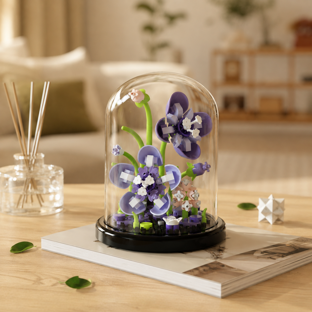 Mini Flower Building Block Display Set with Clear Dome, DIY Botanical Bouquet Model Kit, Decorative Flower Building Toy for Desk, Shelf, Bedroom, Home Decor, Gifts for Teens and Adults