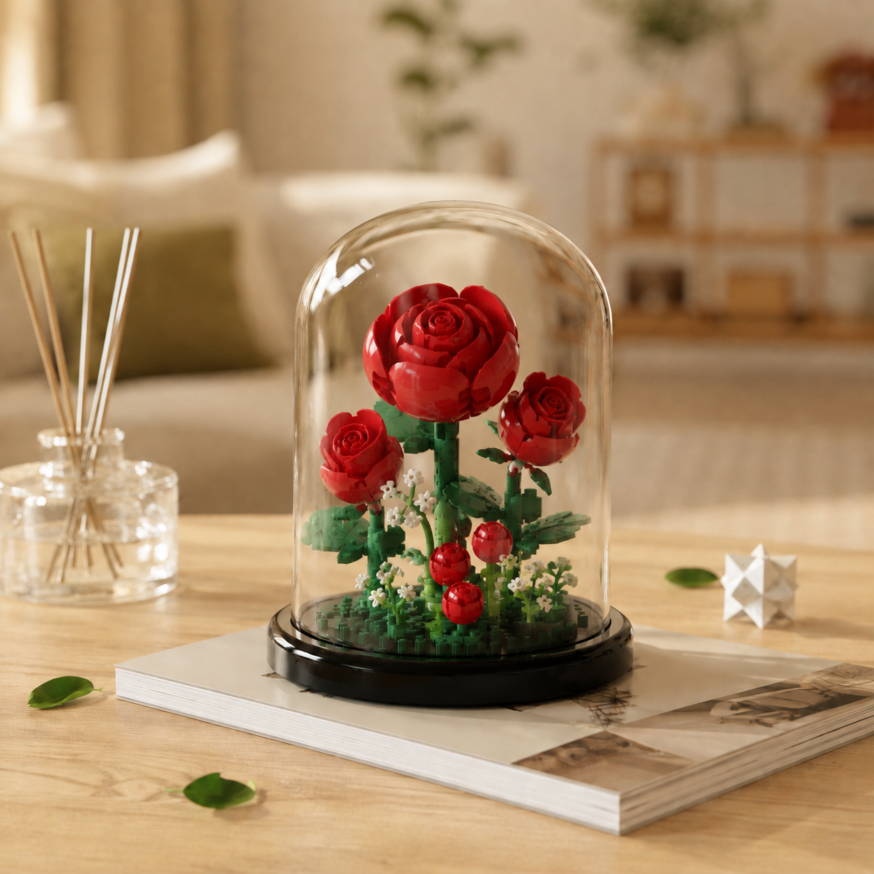Mini Flower Building Block Display Set with Clear Dome, DIY Botanical Bouquet Model Kit, Decorative Flower Building Toy for Desk, Shelf, Bedroom, Home Decor, Gifts for Teens and Adults
