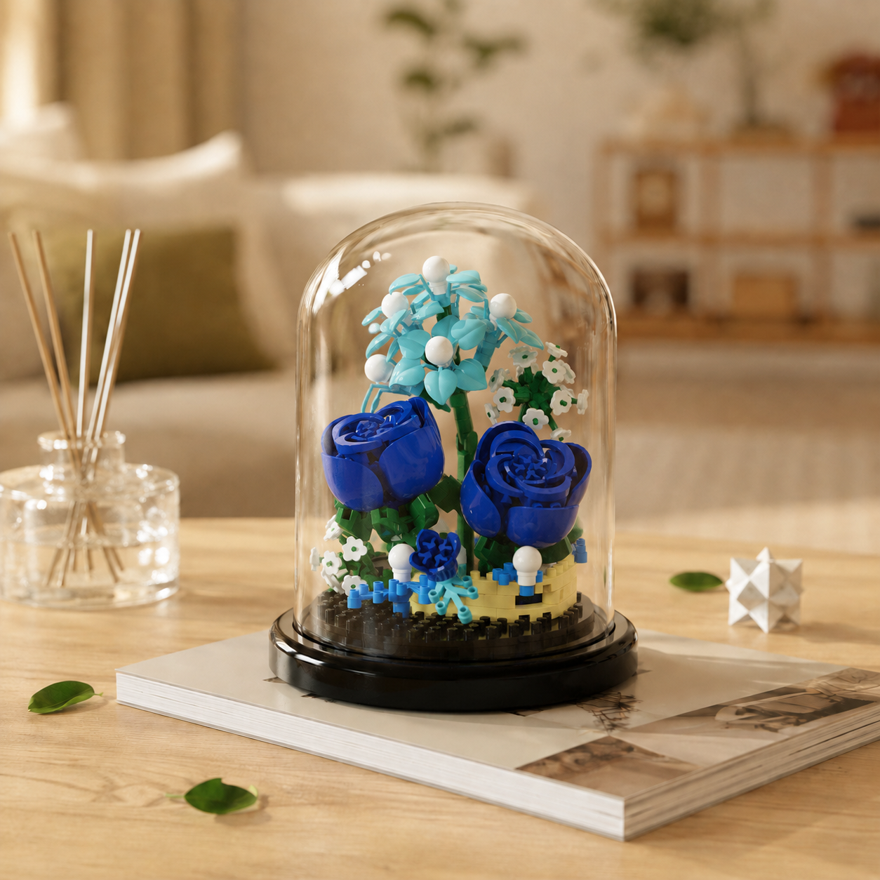 Mini Flower Building Block Display Set with Clear Dome, DIY Botanical Bouquet Model Kit, Decorative Flower Building Toy for Desk, Shelf, Bedroom, Home Decor, Gifts for Teens and Adults