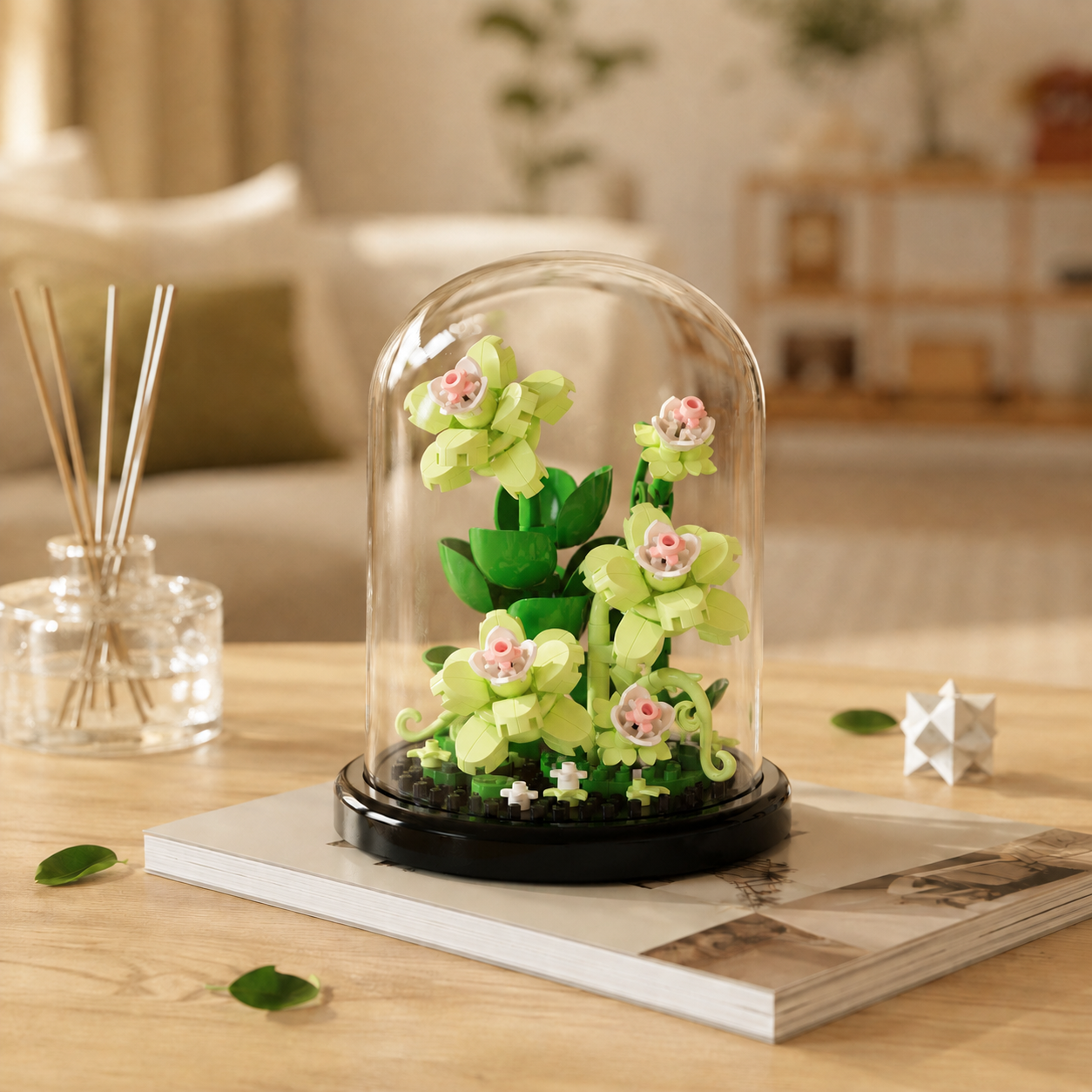 Mini Flower Building Block Display Set with Clear Dome, DIY Botanical Bouquet Model Kit, Decorative Flower Building Toy for Desk, Shelf, Bedroom, Home Decor, Gifts for Teens and Adults