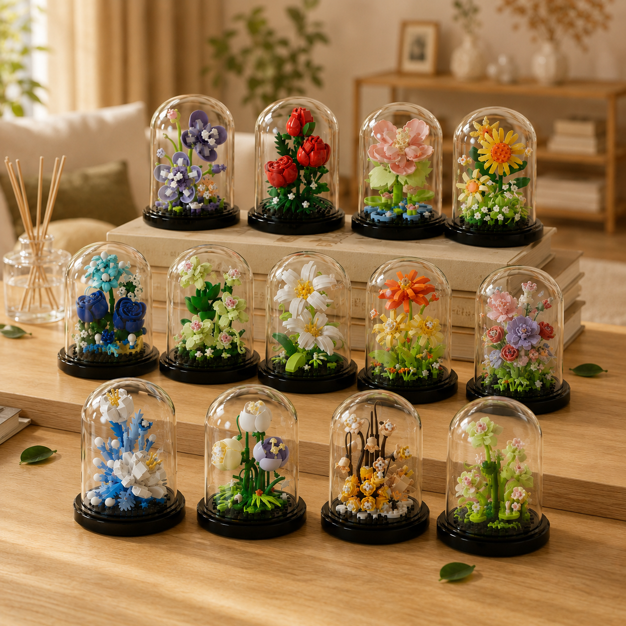 Mini Flower Building Block Display Set with Clear Dome, DIY Botanical Bouquet Model Kit, Decorative Flower Building Toy for Desk, Shelf, Bedroom, Home Decor, Gifts for Teens and Adults