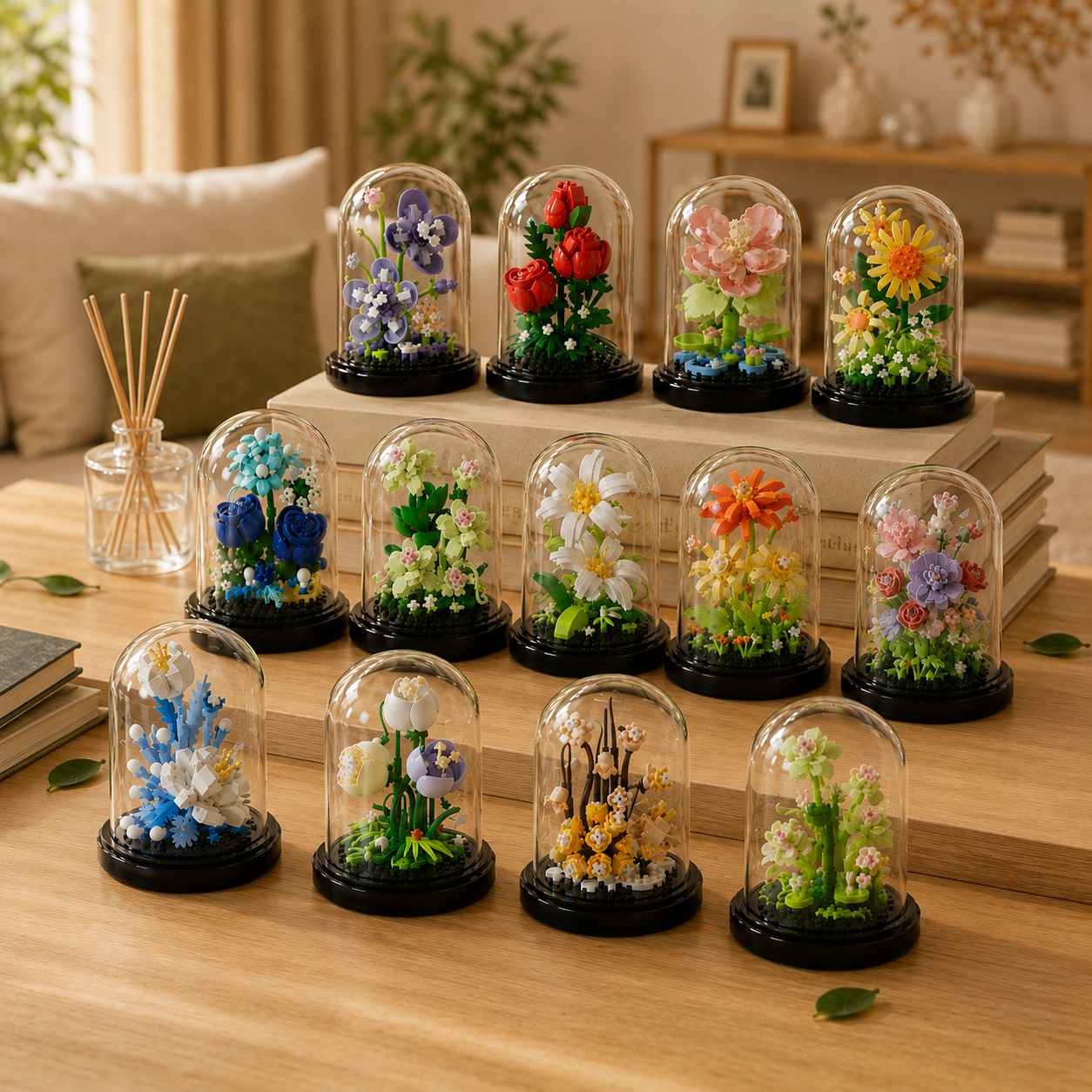 Mini Flower Building Block Display Set with Clear Dome, DIY Botanical Bouquet Model Kit, Decorative Flower Building Toy for Desk, Shelf, Bedroom, Home Decor, Gifts for Teens and Adults