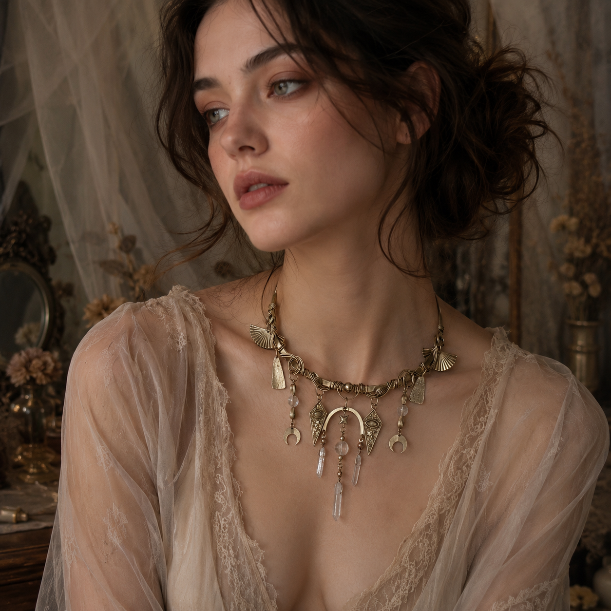 ✨ Vintage Celestial Choker Necklace, Antique Gold Moon & Crystal Statement Collar Necklace, Boho Gothic Jewelry for Women, 2 Mystical Styles