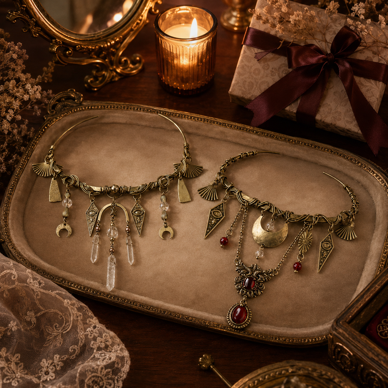 ✨ Vintage Celestial Choker Necklace, Antique Gold Moon & Crystal Statement Collar Necklace, Boho Gothic Jewelry for Women, 2 Mystical Styles