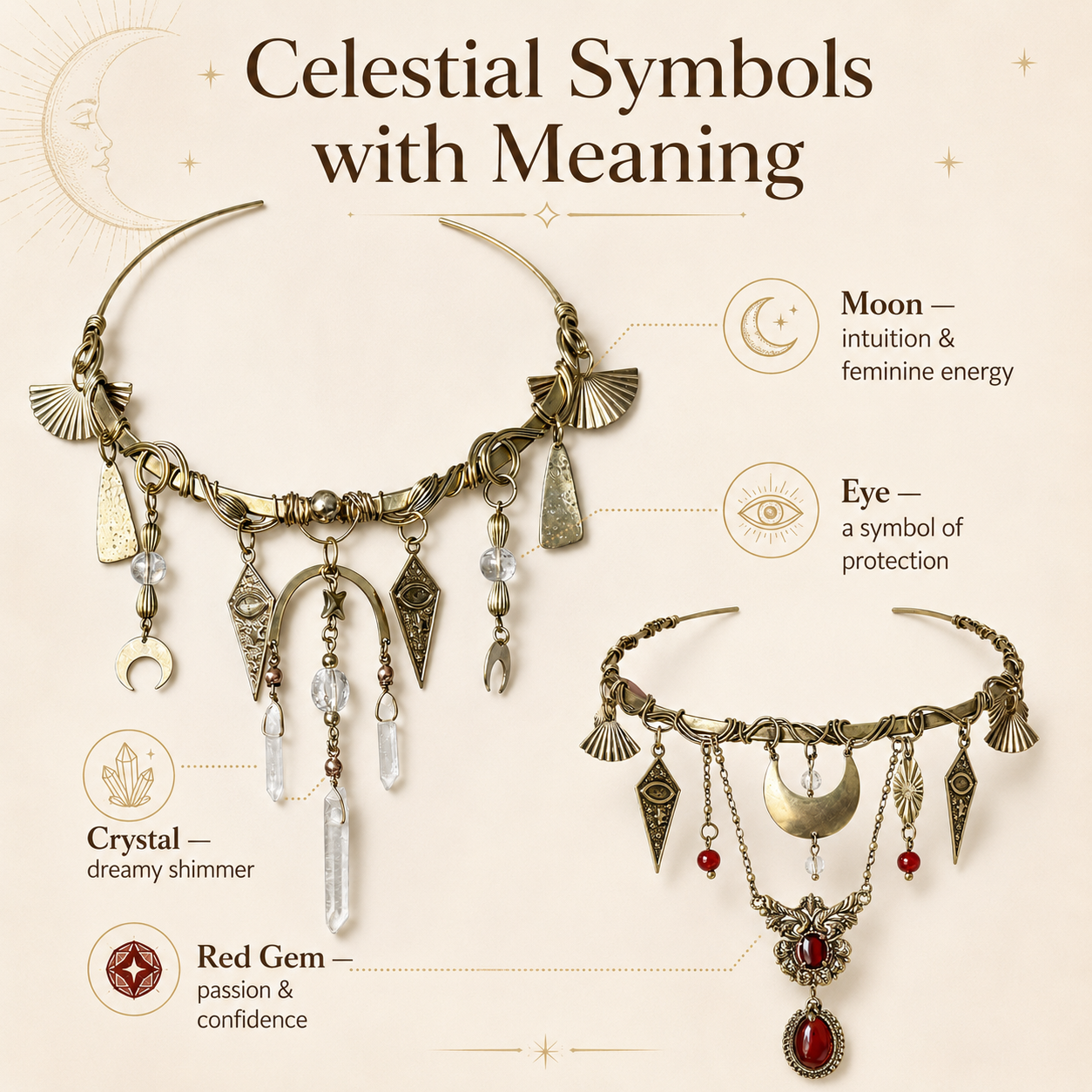 ✨ Vintage Celestial Choker Necklace, Antique Gold Moon & Crystal Statement Collar Necklace, Boho Gothic Jewelry for Women, 2 Mystical Styles